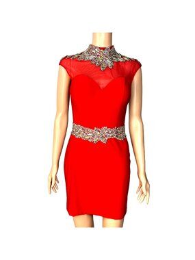 Splash Red Crystal Embellished Open Back Short Dress Sheer Top & Cap Sleeves Sz